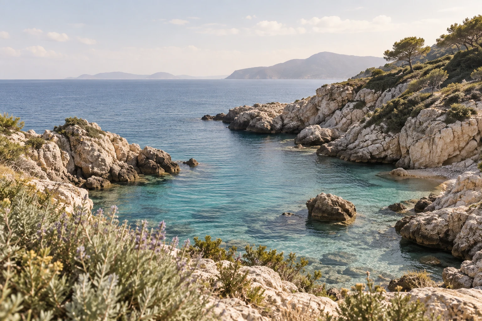 Generated sample photograph of clear water and pale coastal rocks