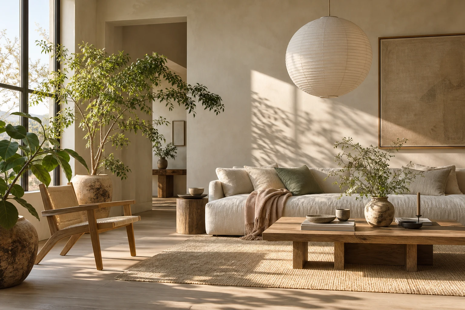 A fictional sunlit room with a paper lantern and leafy plants