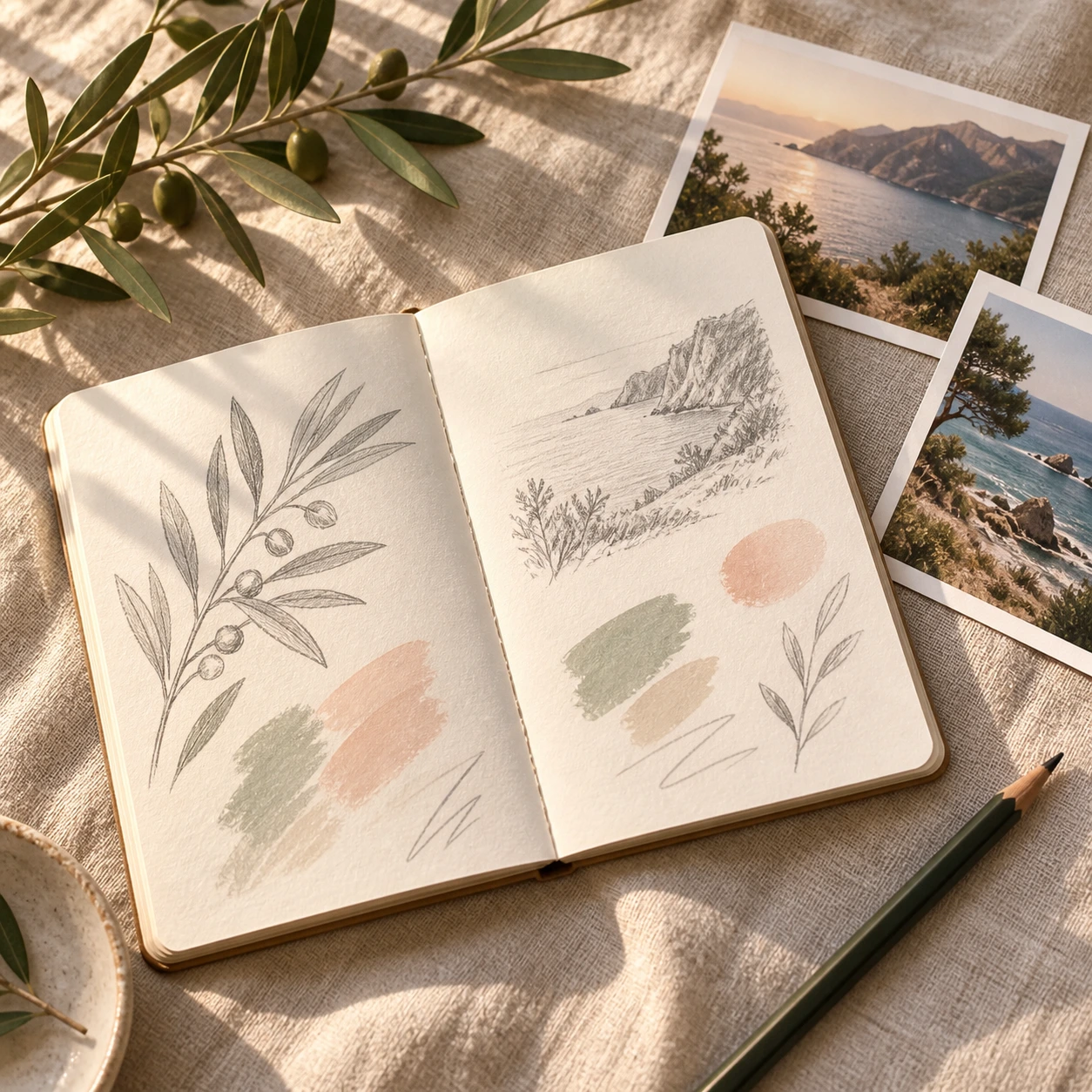 An open sketchbook with botanical studies and collected references