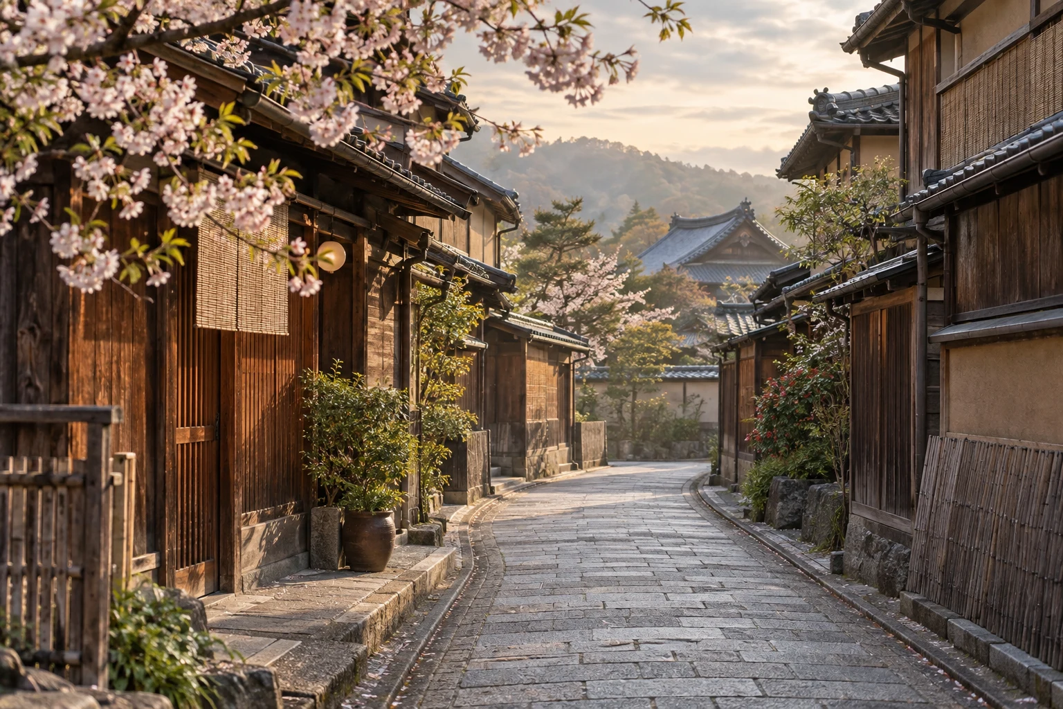 Blossom branches above a quiet timber-lined lane